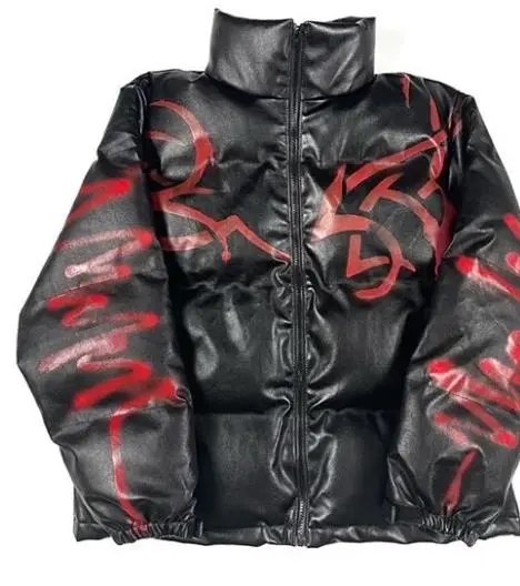 rabbit B Black Leather Graffiti Puffer